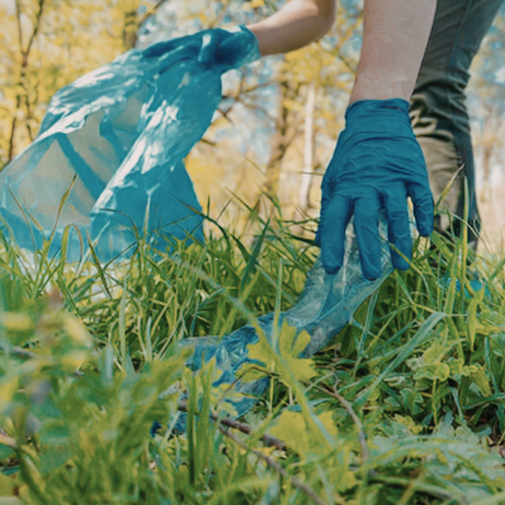 A gloved hand picking up trash from grass